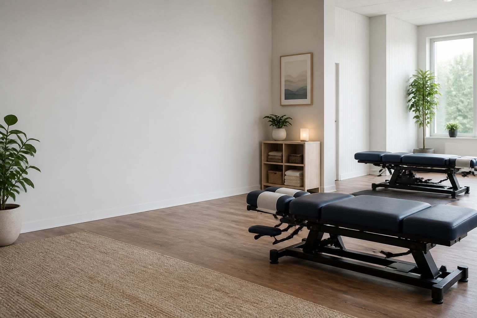 Wide view of a calm modern chiropractic clinic with open space for text.
