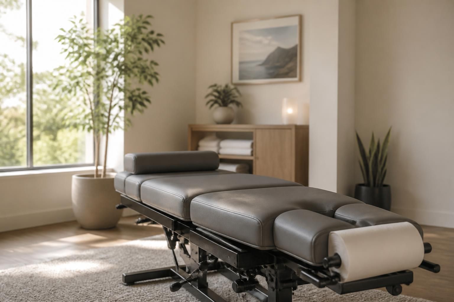 Bright restorative wellness room with a clean treatment table and natural light.
